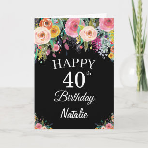 Carte noire avec fleurs florales aquarelle pour 40