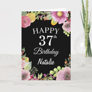 Carte noire de fleurs florales aquarelle pour 37e