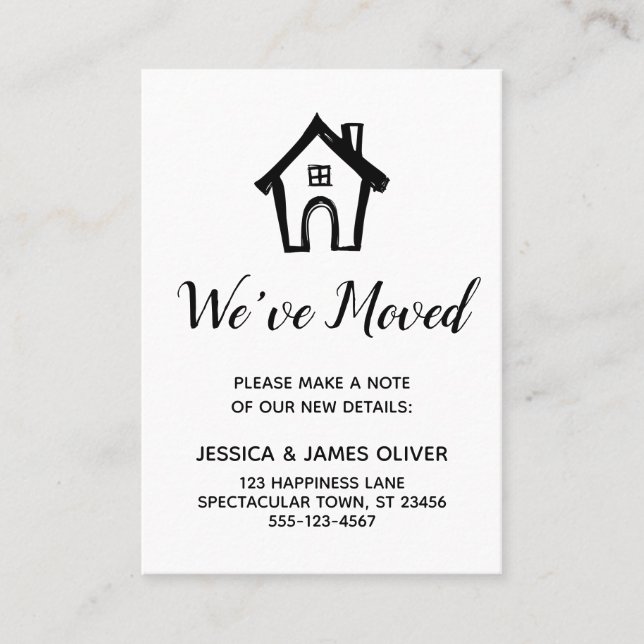 Carte noire et blanche "We've Moved" avec Little H (Devant)