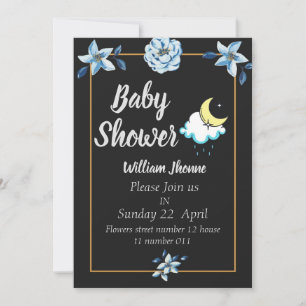 Carte noire fleurs bleues Boy baby shower invitati