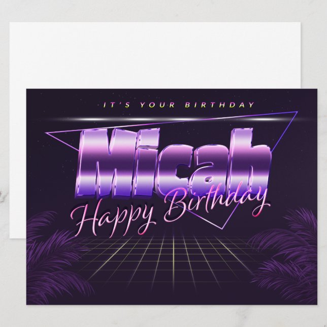 Carte Nom de Micah Prénom lila retro Anniversaire de la  (Devant / Derrière)