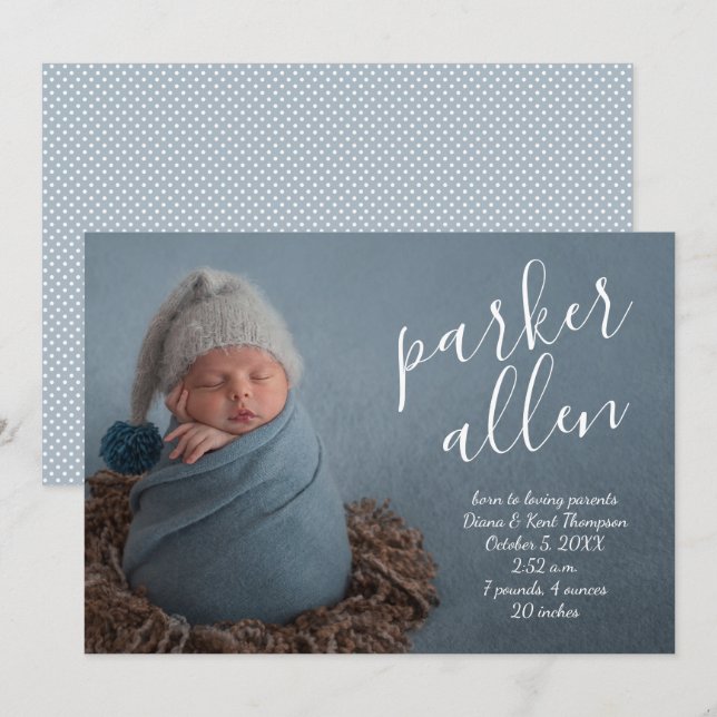 Carte Nom du script Baby Photo Annonces de naissance (Devant / Derrière)