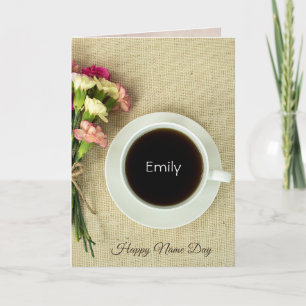 Carte Nom Jour café avec oeillets sur burap