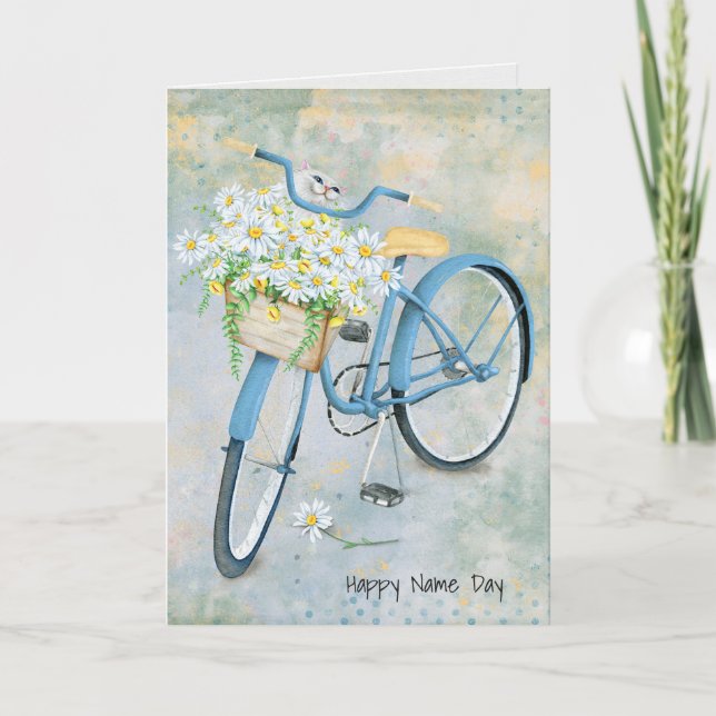 Carte Nom Jour chat dans la marguerite sur vélo (Devant)