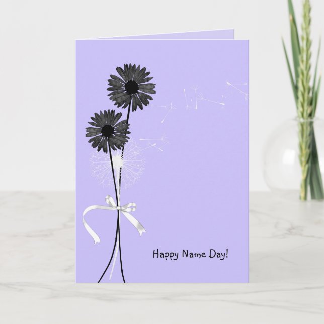 Carte Nom Jour marguerites noires et pissenlit sur viole (Devant)