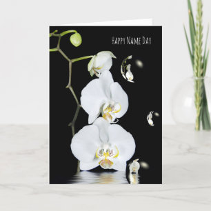 Carte Nom Jour orchidées blanches avec réflexion bulle