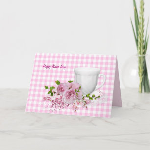 Carte Nom Jour tasse et soucoupe avec pivoines