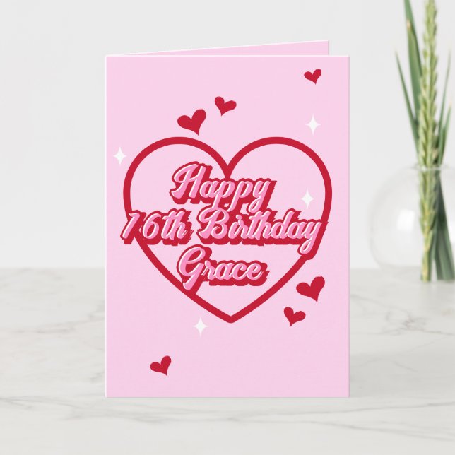 Carte Nom mignon Pink Retro Heart Girly 16e anniversaire (Devant)