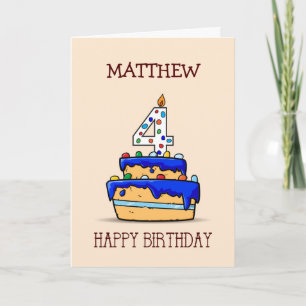 Carte Nom personnalisé, 4e anniversaire, 4 sur le gâteau