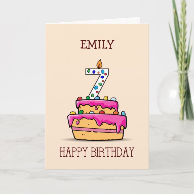 Carte Nom personnalisé, 7e anniversaire, 7 sur le gâteau (Devant)