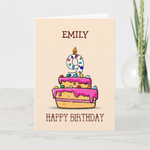 Carte Nom personnalisé, 9e anniversaire, 9 sur le gâteau