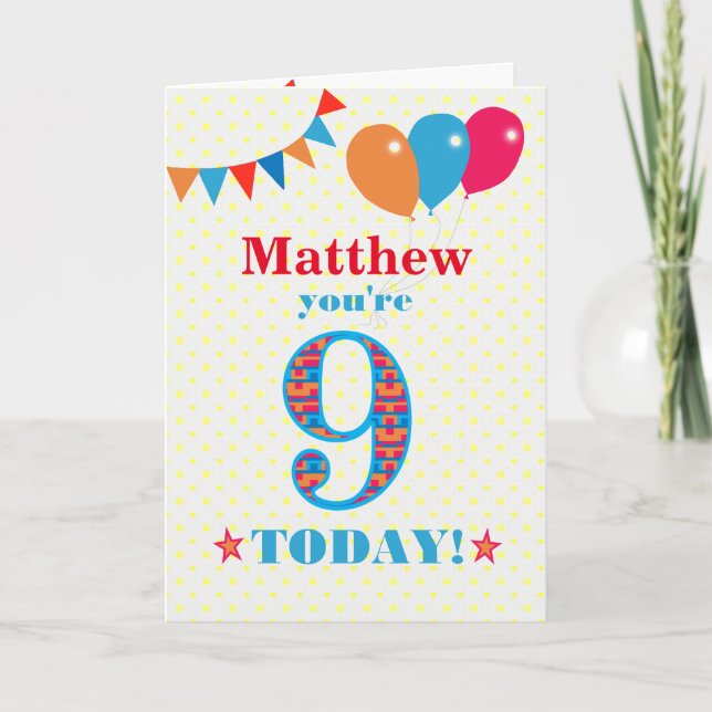 Carte Nom personnalisé 9e anniversaire Bunch and Balloon (Devant)