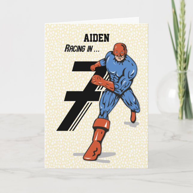 Carte Nom personnalisé, Aiden, 7e anniversaire Superhero (Devant)