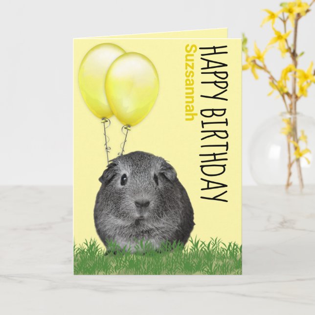 Carte Nom personnalisé Anniversaire Guinée Cochon Ballon (Fleur jaune)