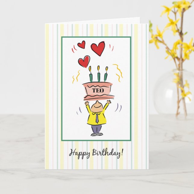 Carte Nom personnalisé Anniversaire Homme Coeurs gâteau  (Fleur jaune)