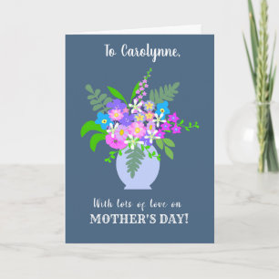 Carte Nom personnalisé Fête des mères avec Vase des fleu