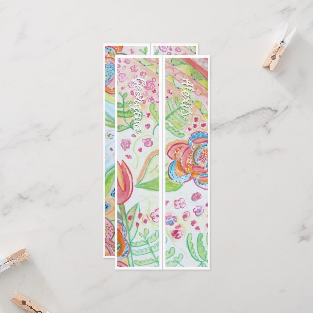 Carte Nom personnalisé Fleurs lunaires Deux Signets (Devant/Arrière en situation)