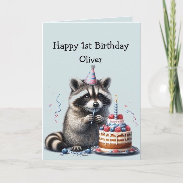 Carte Nom personnalisé Fun Raccoon 1er anniversaire (Devant)