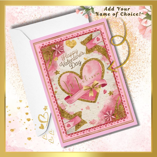 Carte Nom personnalisé Joli Coeurs d'or rose Valentines  (Express your love on Valentine's Day! Gorgeous pink & gold heart card to surprise your loved one!)