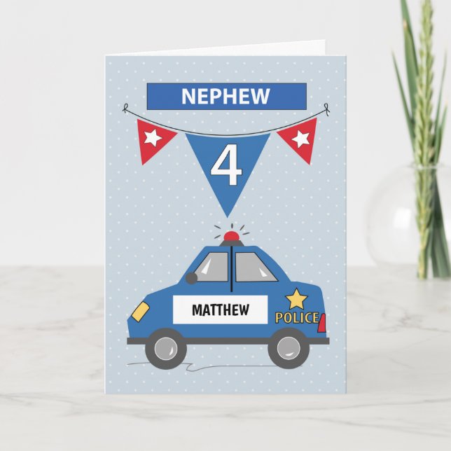 Carte Nom personnalisé Nephew 4th Birthday Blue Police C (Devant)