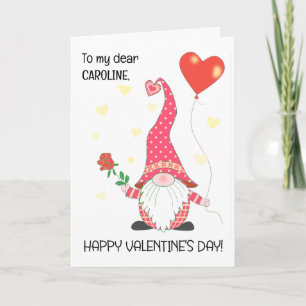 Carte Nom personnalisé Valentine's mignonne Gnome et Ros