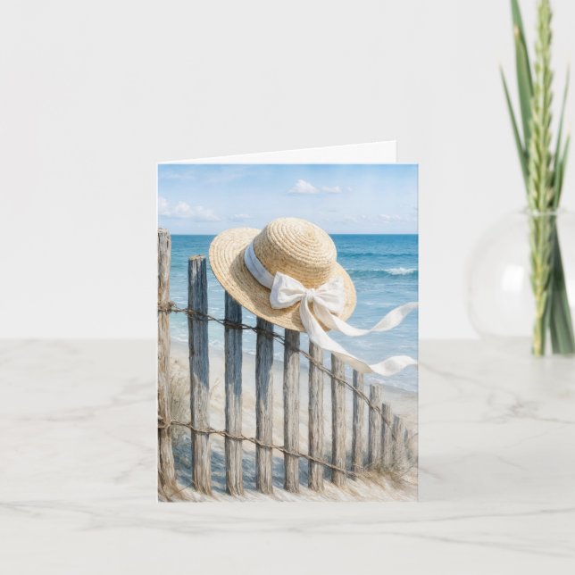 Carte Note Card Summer Hat On a Beach Fence (Devant)