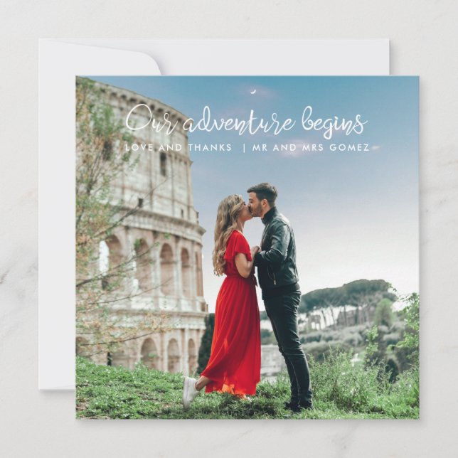 Carte Notre aventure commence Lune de miel Mariage Merci (Devant)