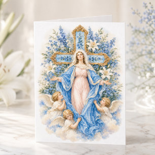 Carte Notre-Dame Reine du Ciel aux fleurs bleues avec de