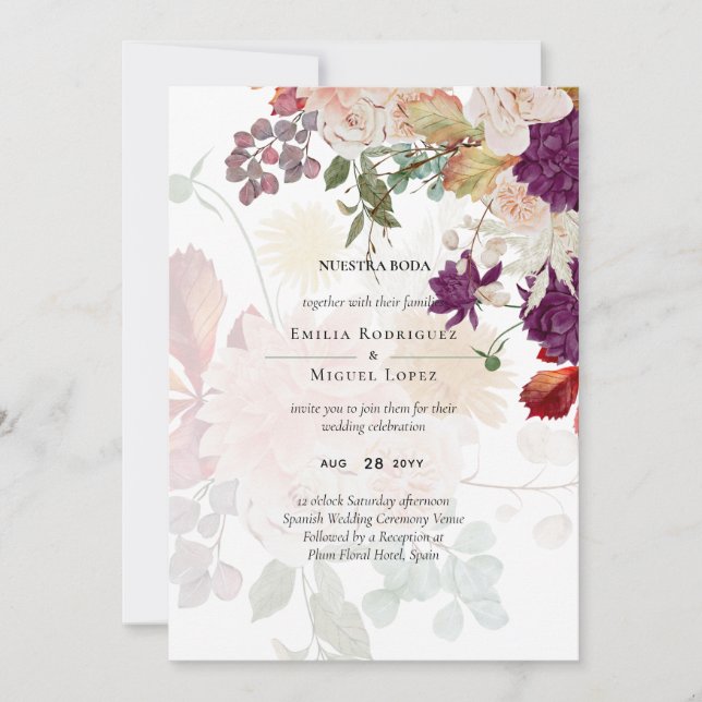 Carte NOTRE MARIAGE Plum Fall Floral Mariage Espagnol (Devant)