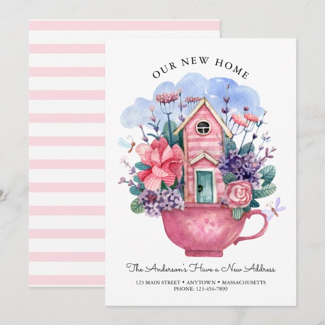 Carte Notre nouvelle maison Aquarelle Coupe de Thé Rose  (Devant / Derrière)