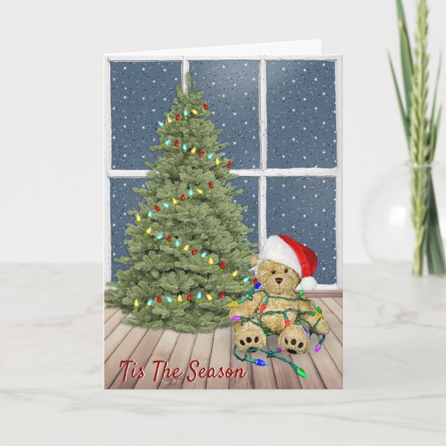 Carte Nounours De Noël Dans Les Lumières De Vacances (Devant)