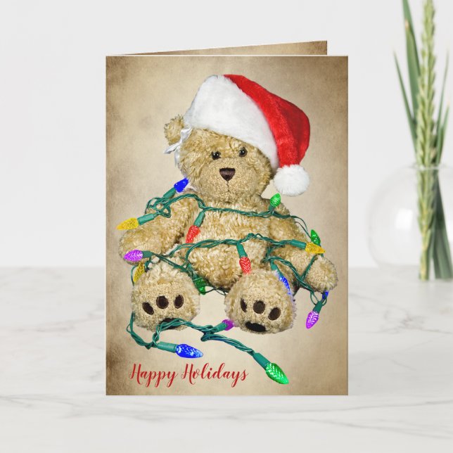 Carte Nounours De Noël Dans Les Lumières De Vacances (Devant)