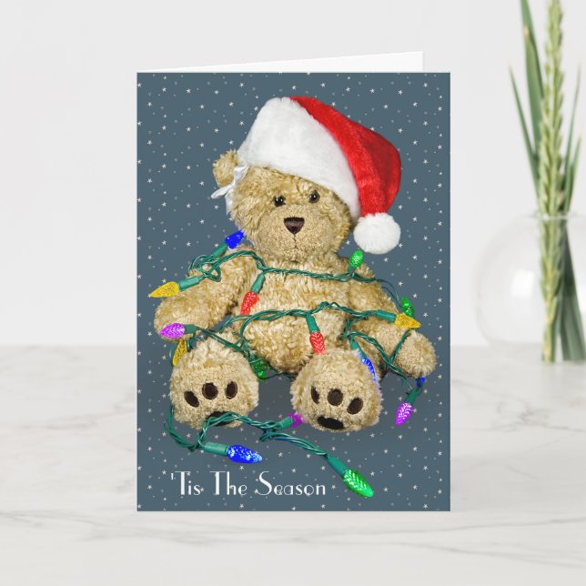 Carte Nounours De Noël Dans Les Lumières De Vacances (Devant)