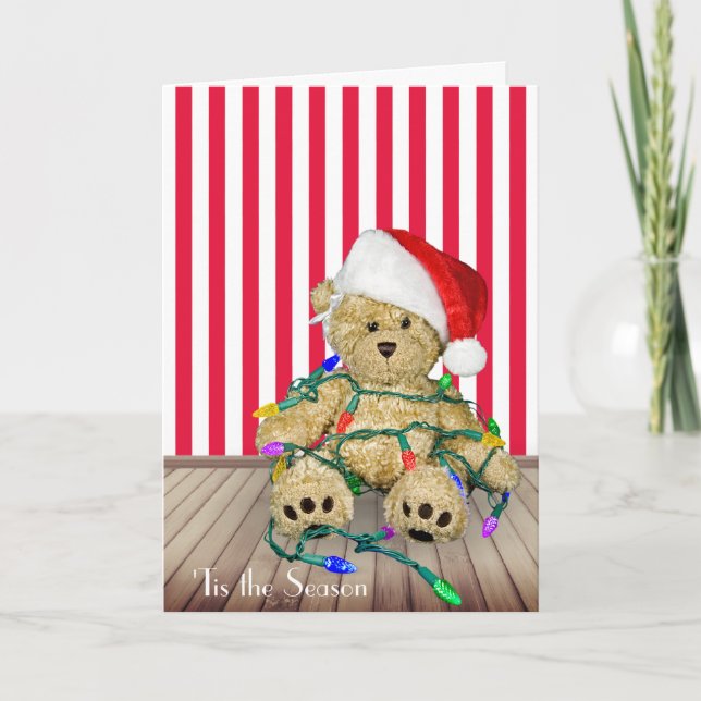 Carte Nounours De Noël Dans Les Lumières De Vacances (Devant)