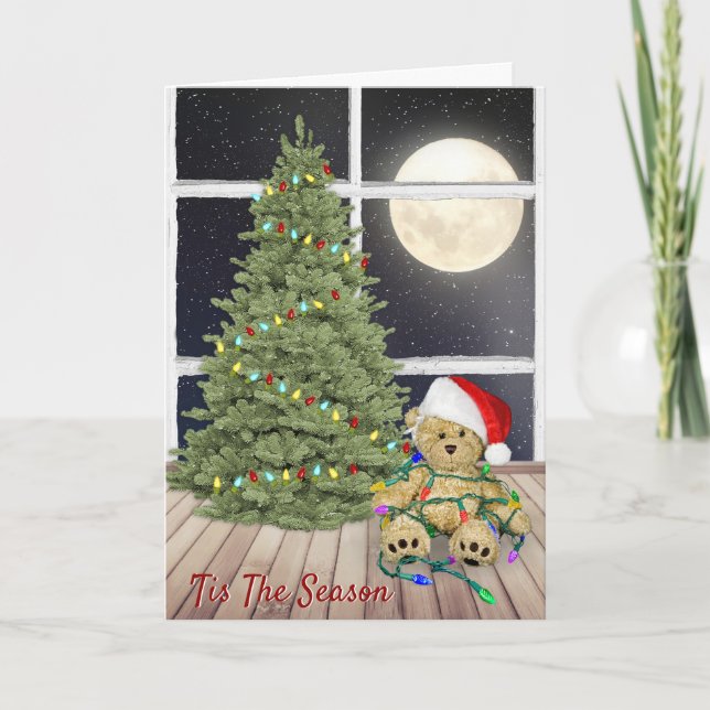 Carte Nounours de Noël En lumières de vacances et Lune (Devant)