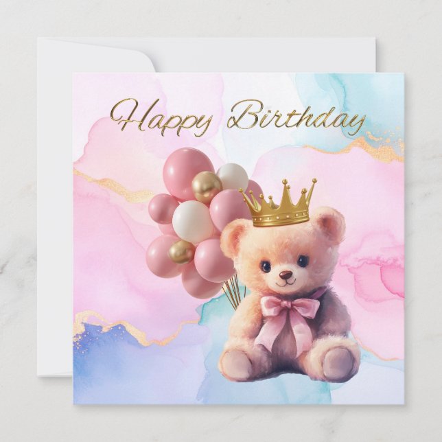 Carte Nounours en peluche rose couronne d'or Joyeux Anni (Devant)