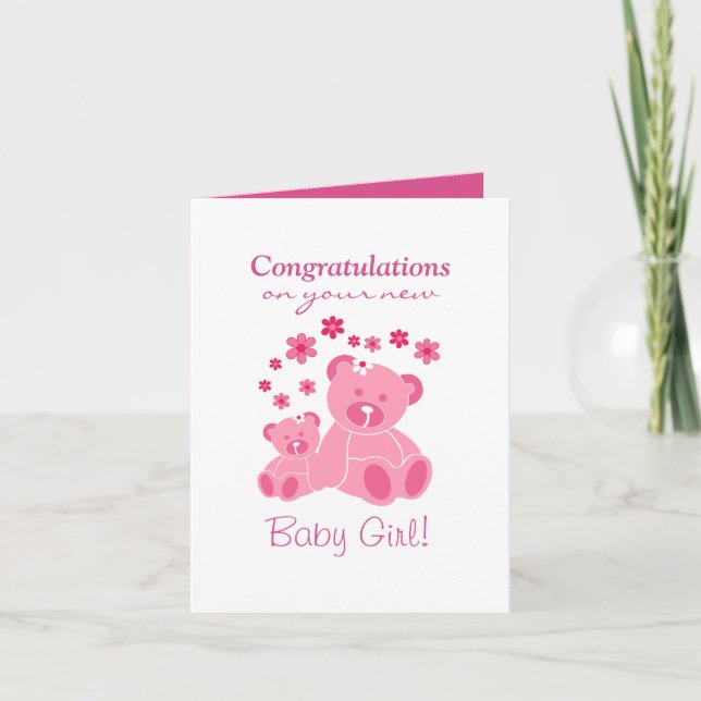 Carte Nounours rose mignon Bébé Félicitations Filles (Devant)