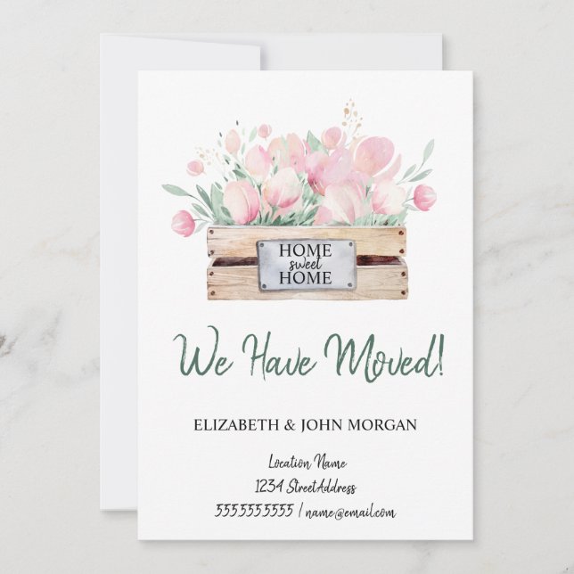 Carte Nous Avons Déménagé, Aquarelle Boîtier Fleurs Démé (Devant)