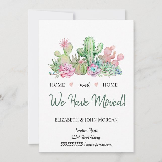 Carte Nous Avons Déménagé, Fleurs Aquarelles Cactus Succ (Devant)