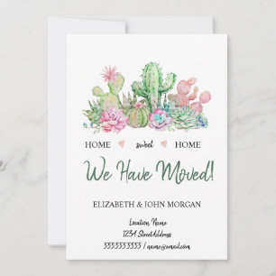 Carte Nous Avons Déménagé, Fleurs Aquarelles Cactus Succ