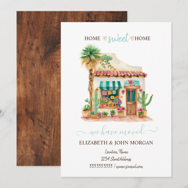 Carte Nous Avons Déménagé, Maison Mexicaine, Bois (Devant / Derrière)