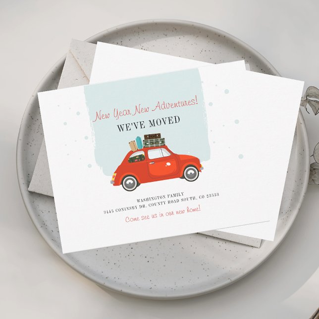 Carte Nous avons déménagé voiture rouge Noël Moving Fair (New Year Moving Announcement with Red Car)