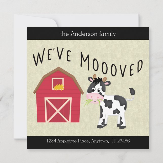 Carte Nous avons Moooved Cute Barnyard Cow New Address N (Devant)