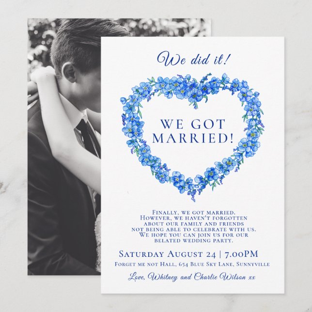 Carte Nous l'avons fait marié bleu oubli-me-pas mariage (Devant / Derrière)