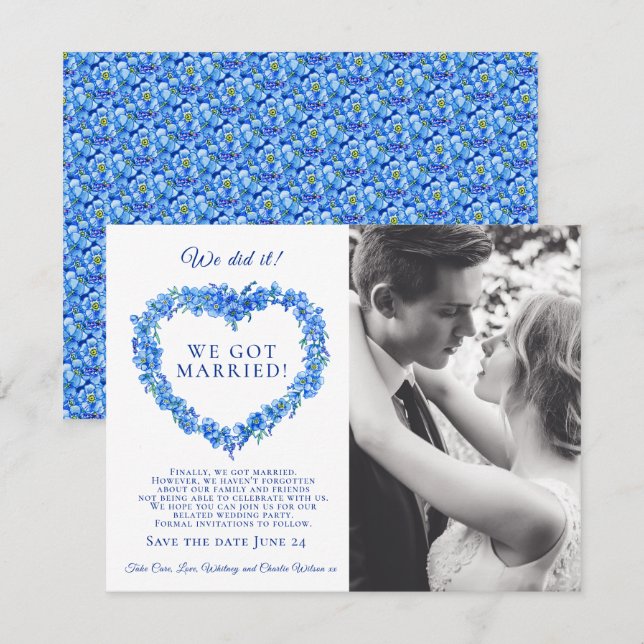 Carte Nous l'avons fait marié bleu oubli-me-pas mariage (Devant / Derrière)