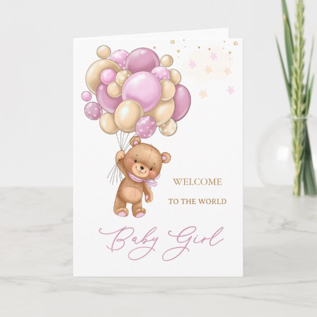 Carte Nouveau Bébé Bienvenue Dans Le Monde Ours Ballons  (Devant)