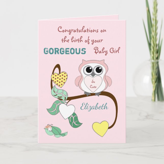 Carte Nouveau bébé fille rose avec une chouette mignonne (Devant)