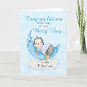 Carte Nouveau bébé Garçon bleu pingouin lune