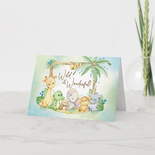 Carte Nouveau bébé garçon Safari Animaux sauvages et mer (Devant)