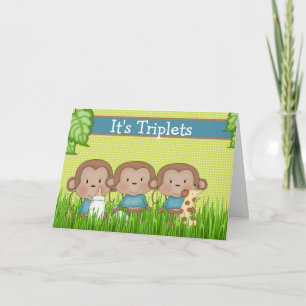 Carte Nouveau bébé triplet garçons mignons singe